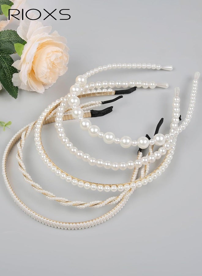 RIOXS 5-Piece Elegant Pearl-Embellished Hairband Set for Women, Retro-inspired Double-Layer Hair Accessories, Sweet and Fresh Layered Style, Perfect for Weddings, Parties, and Everyday Fashion Outfits - Image 2